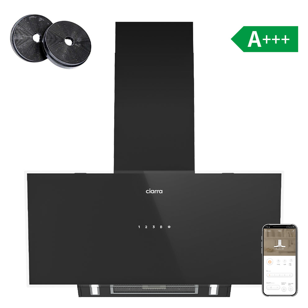 Ciarra Hotte Aspirante Inclinée 90cm – 700 m³/h, A+++, Wi-Fi & App, 4 vitesses, Mode recyclage ou évacuation | CBCB9763A