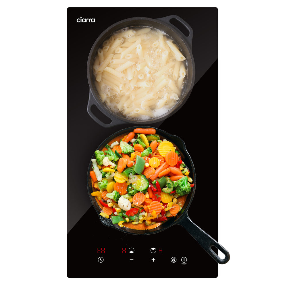 Ciarra Plaque de cuisson vitrocéramique encastrable 29cm avec 2 zones, commande tactile, sécurité enfant, 3000W, CRGDBCH302T-OW