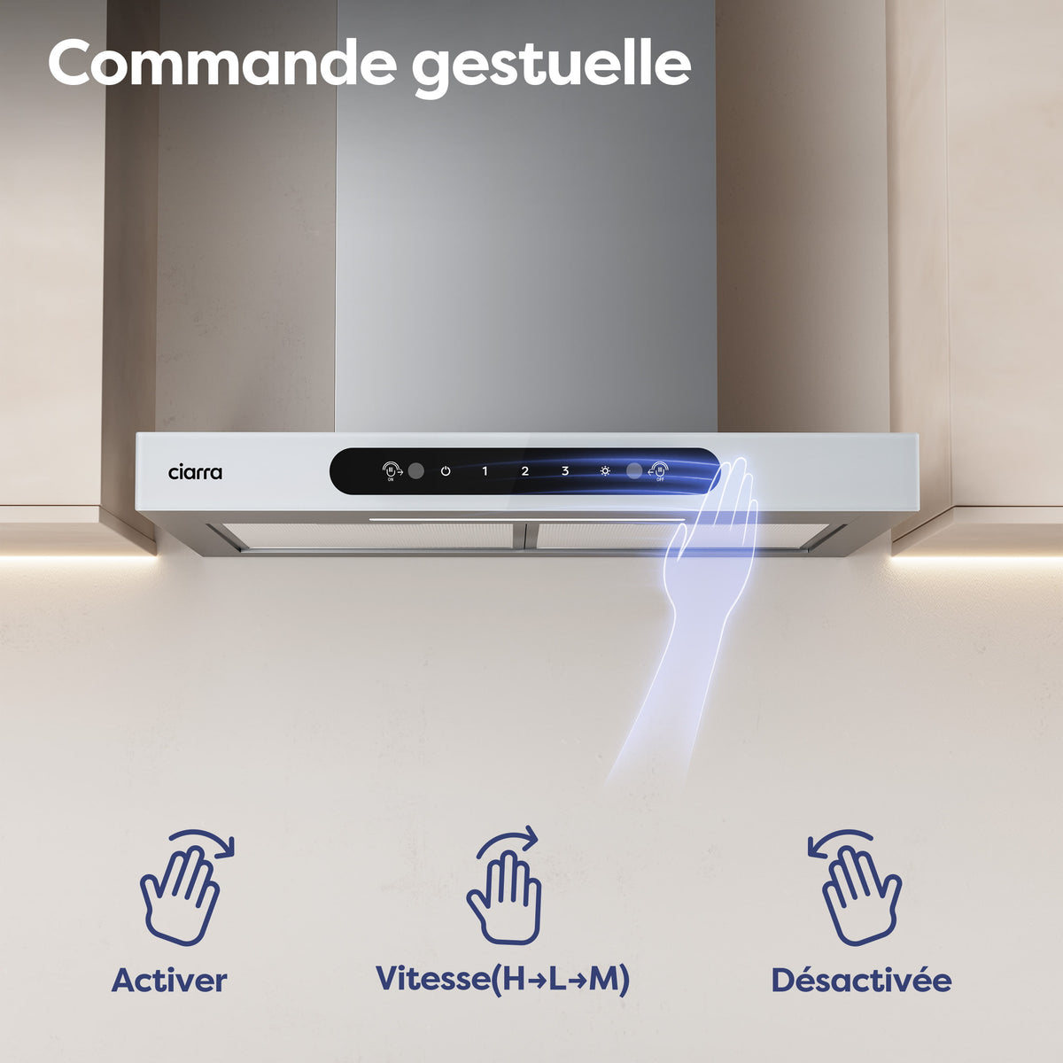 Ciarra Hotte Murale 60cm, Commande Gestuelle & Tactile, Recyclage ou Évacuation | CBCW6102-W