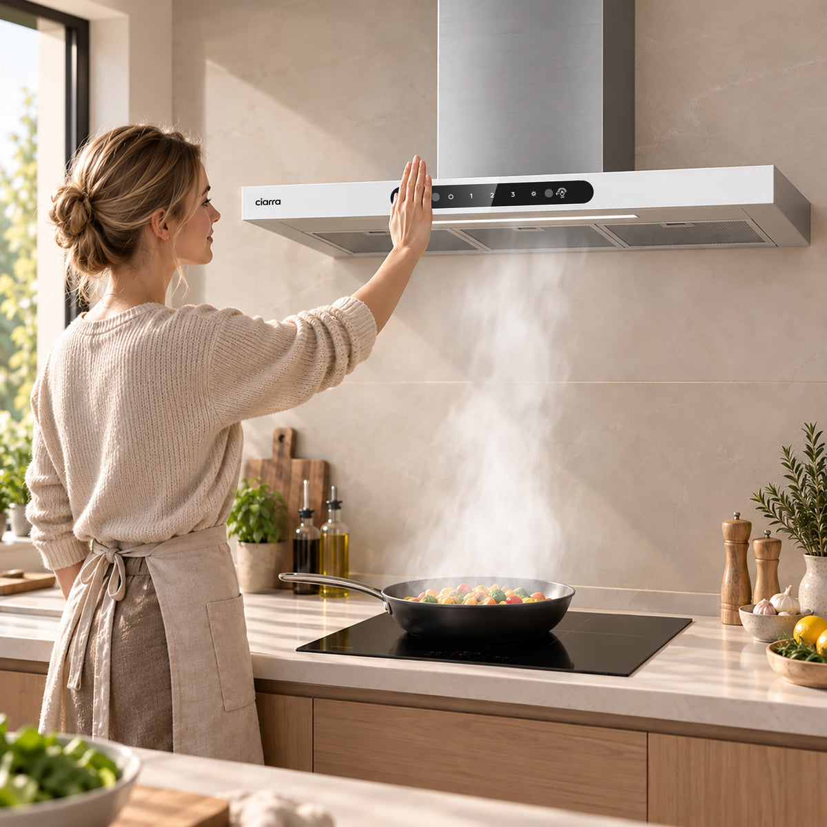 Ciarra Hotte Murale 90cm en T, Cuisine Ouverte, Commande Gestuelle & Tactile | CBCW9102-W