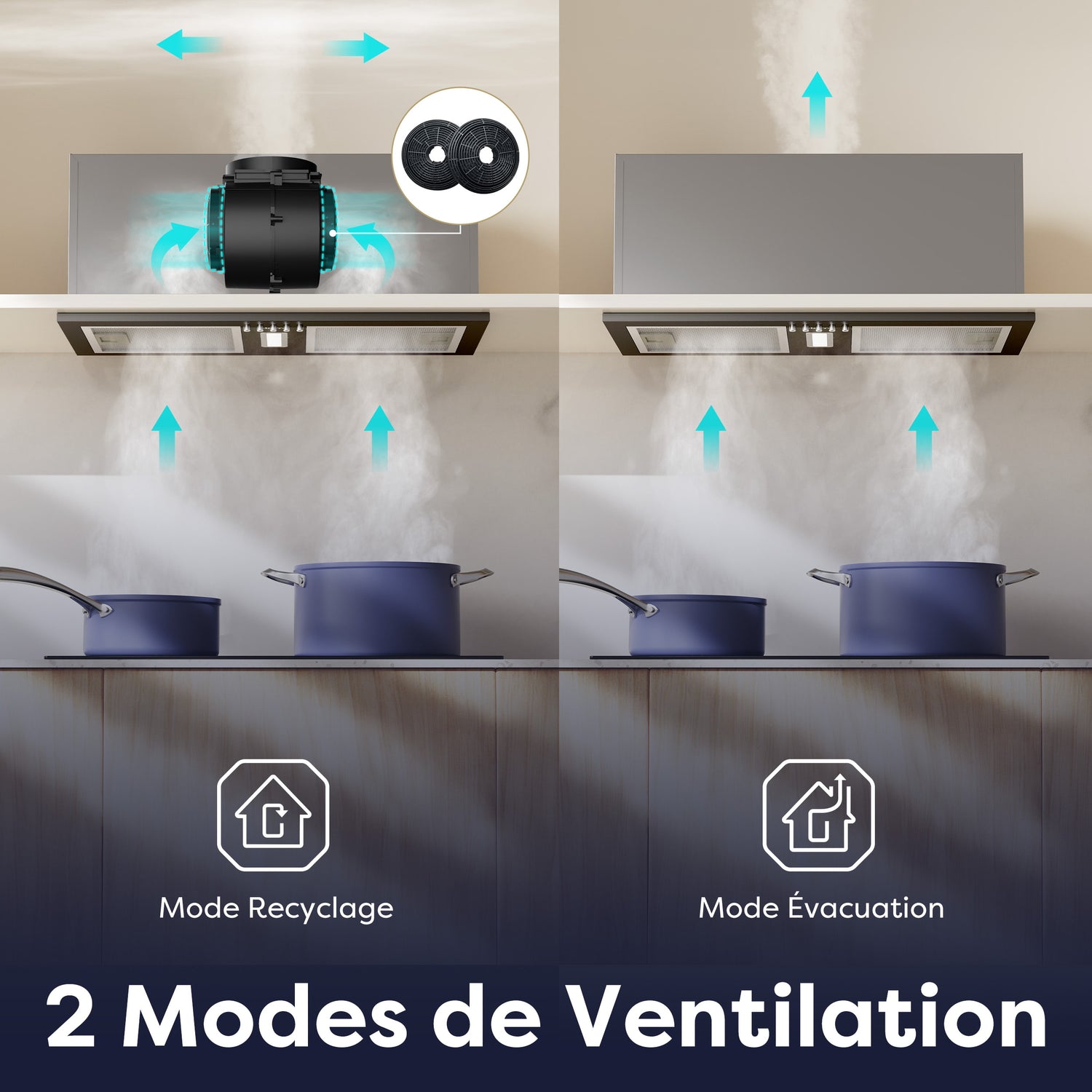 Hotte encastrable noire avec filtre à charbon actif pour recyclage de l’air