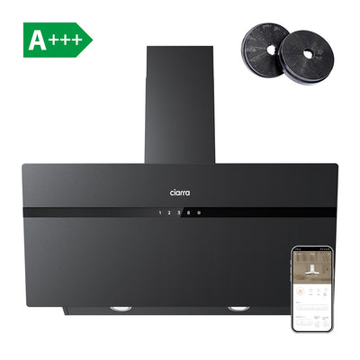 Ciarra Hotte Aspirante 90 cm Silencieuse Hotte de Cuisine en Verre Dépoli 90cm Avec Angle Anti-traces de Doigts Noir A+++ Wifi CBCG9736H-G