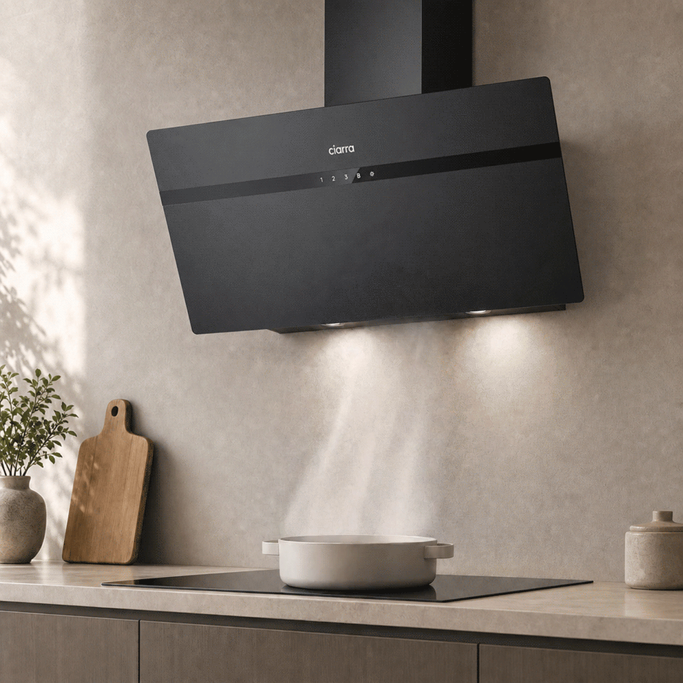 Ciarra Hotte Aspirante 90cm Silencieuse Hotte de Cuisine en Verre Dépoli 90cm Avec Angle Anti-traces de Doigts Noir A+++ Wifi | CBCG9736H-G