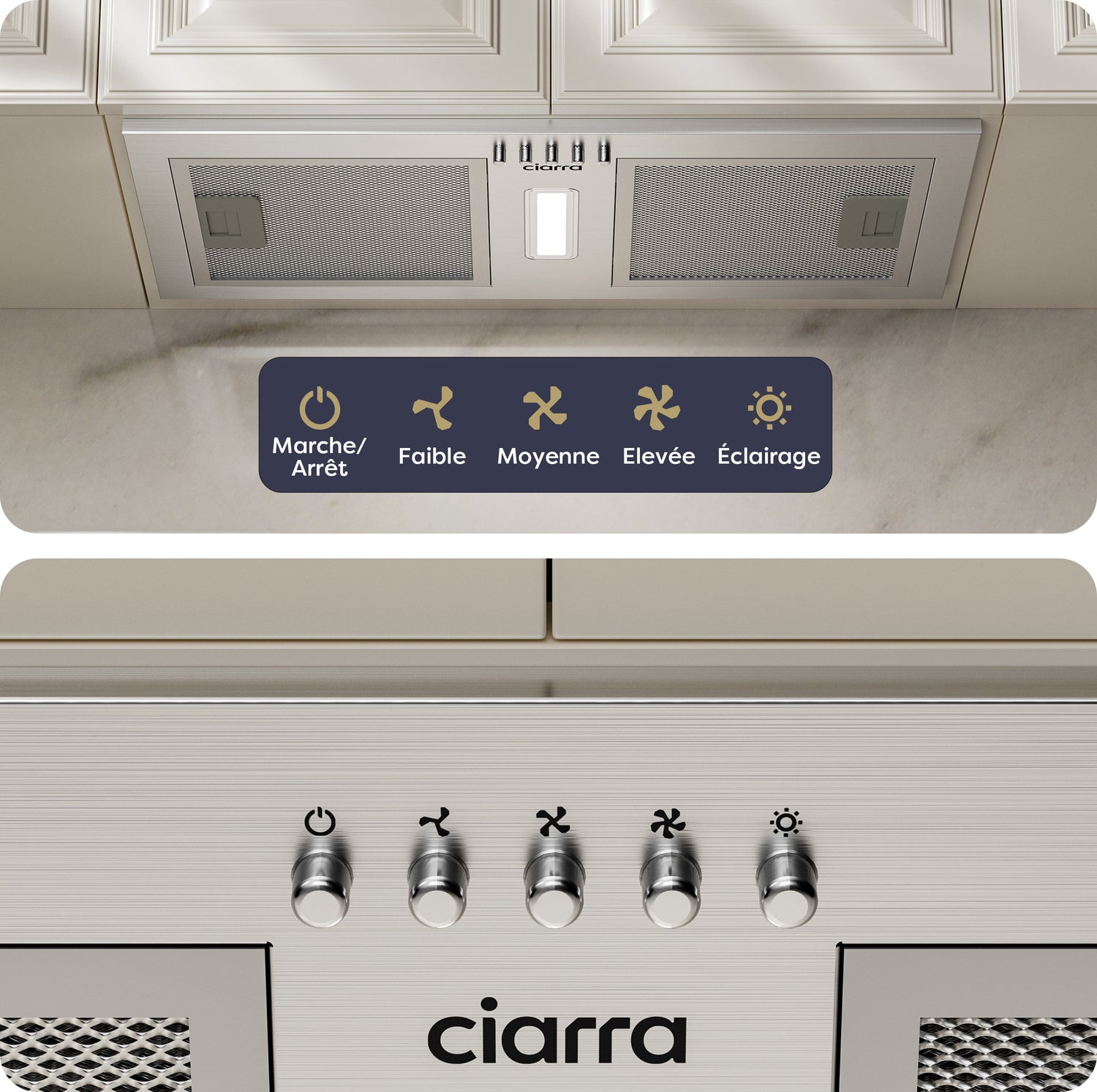 hotte encastrable inox Ciarra 52 cm dans une cuisine ouverte moderne