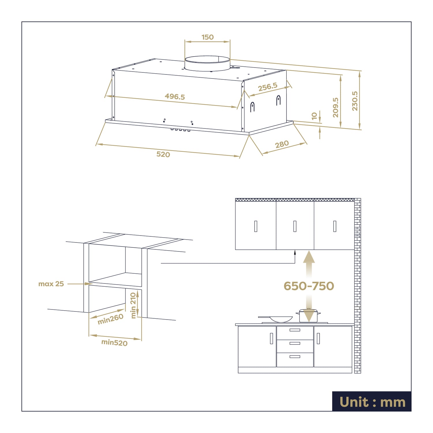 dimensions hotte encastrable Ciarra CBCS5937A 520 mm