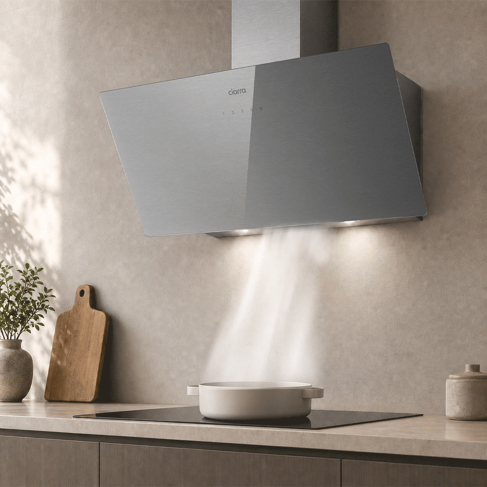Ciarra Hotte inclinée 90cm pour cuisine ouverte, verre argenté, WiFi | CBCS9736H-S