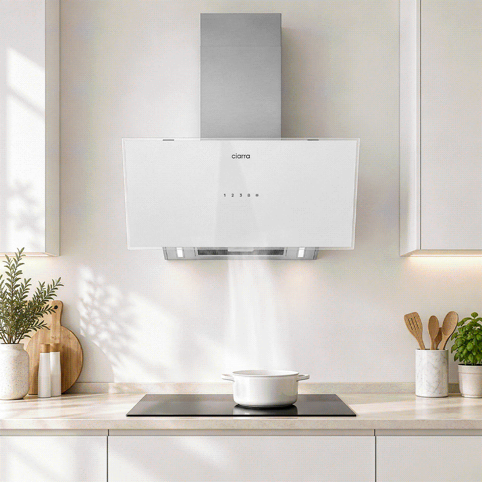 Ciarra Hotte Inclinée 90cm – A+++, Double Mode Recyclage/Évacuation, Verre Blanc & Inox, Connectée | CBCW9763A