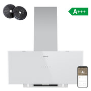 Ciarra Hotte Inclinée 90 cm – A+++, Double Mode Recyclage/Évacuation, Verre Blanc & Inox, Connectée | CBCW9763A