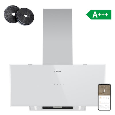 Ciarra Hotte Inclinée 90cm – A+++, Double Mode Recyclage/Évacuation, Verre Blanc & Inox, Connectée | CBCW9763A