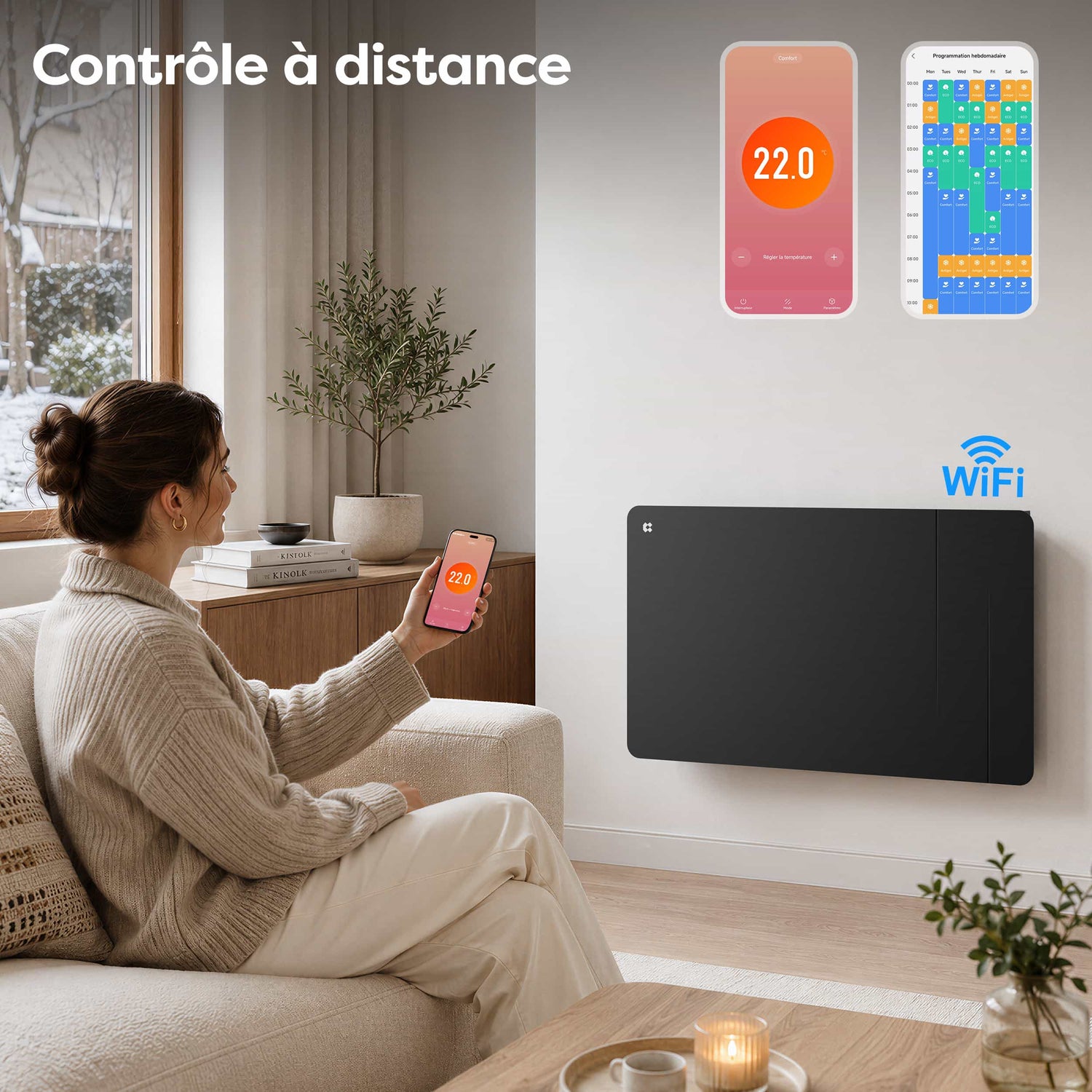 Ciarra Radiateur Connecté WiFi 1500W Inertie Céramique IP24 Noir | CBHTD15A-B