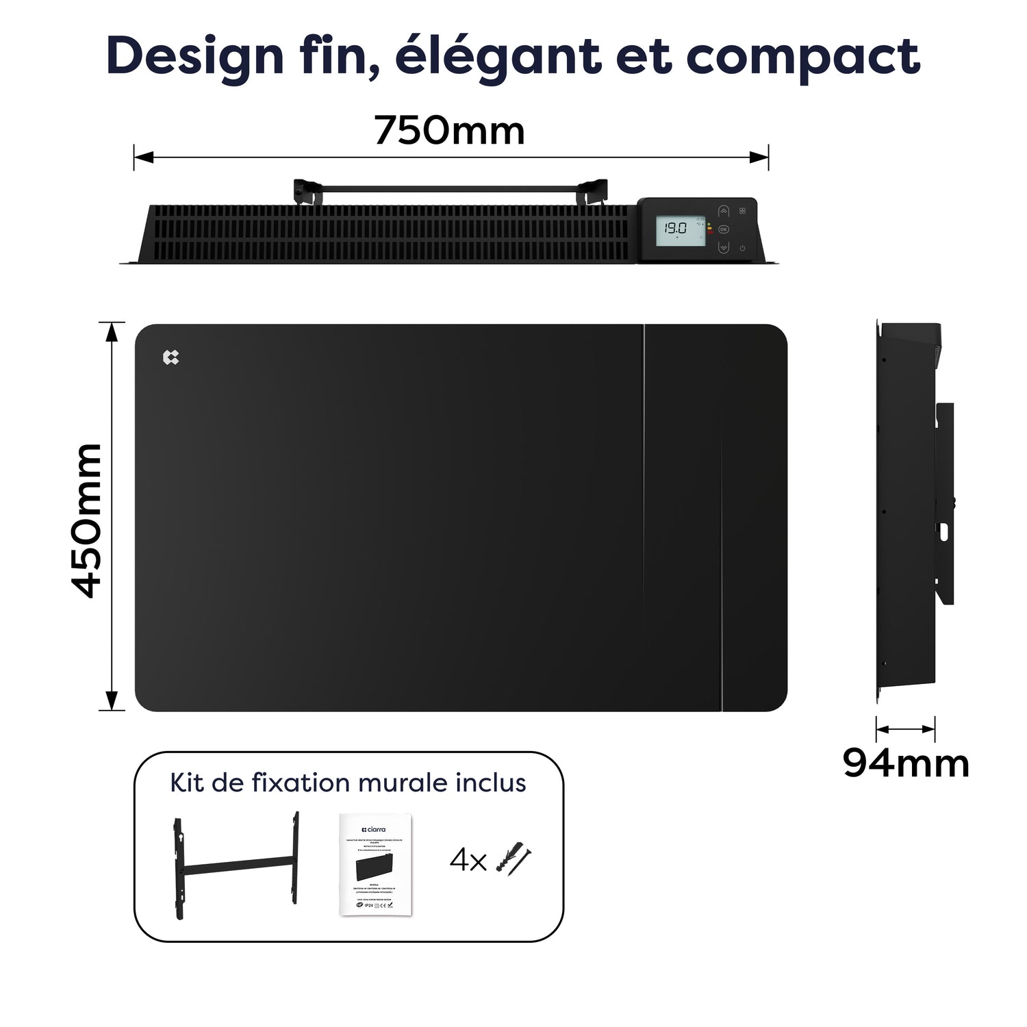 Ciarra Radiateur Connecté WiFi 1500W Inertie Céramique IP24 Noir | CBHTD15A-B