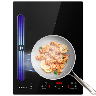 Ciarra ONE Plaque à Induction avec Hotte Intégrée Domino 390 mm avec Système Plasma⁺ Intégré et Boost CBBEH392B-OW