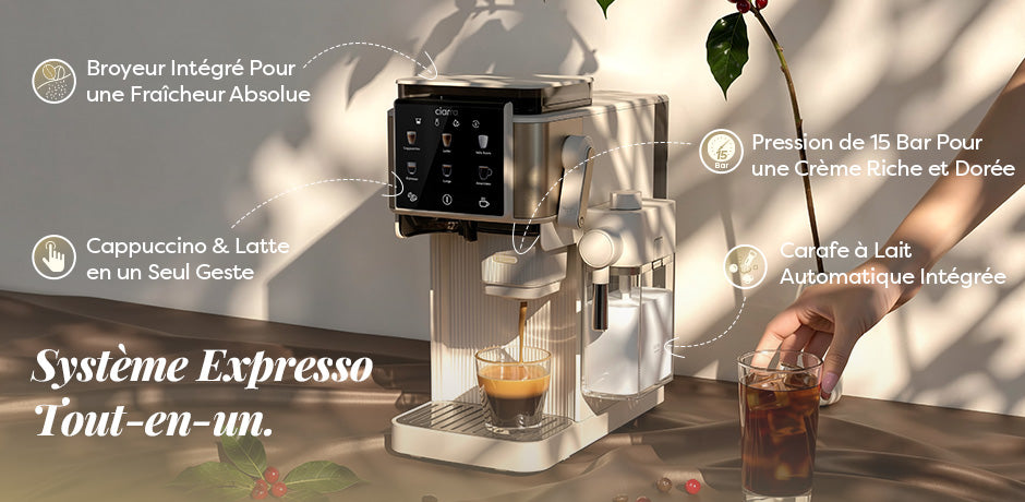 Ciarra Machine Expresso Semi-Automatique avec Broyeur Intégré et Mousseur à Lait Automatique pour Espresso, Latte et Cappuccino | CBSACM-D6